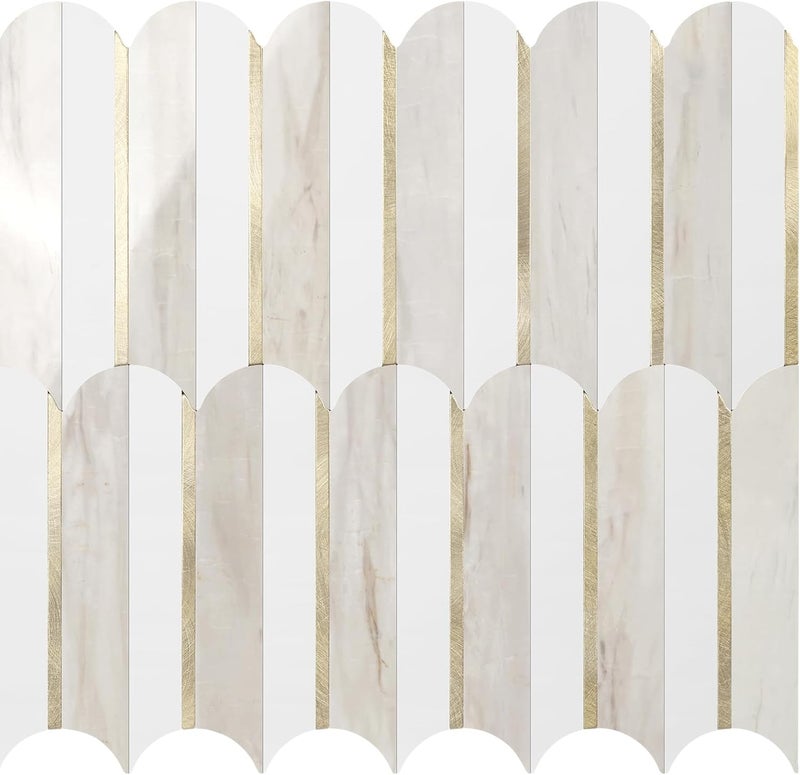 Vamos Tile Peel and Stick Backsplash Seamless Tile for Kitchen and Bathroom,1-Sheet White and Glossy Wooden Marble PVC Mixed Light Gold Self Adhesive Fish Scale Metal Mosaic Tiles - Image 1